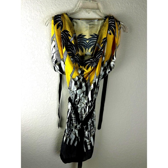 JC de CASTELBAJAC Womens Silk Dress Yellow Size 38 Belted Palm Tree Print